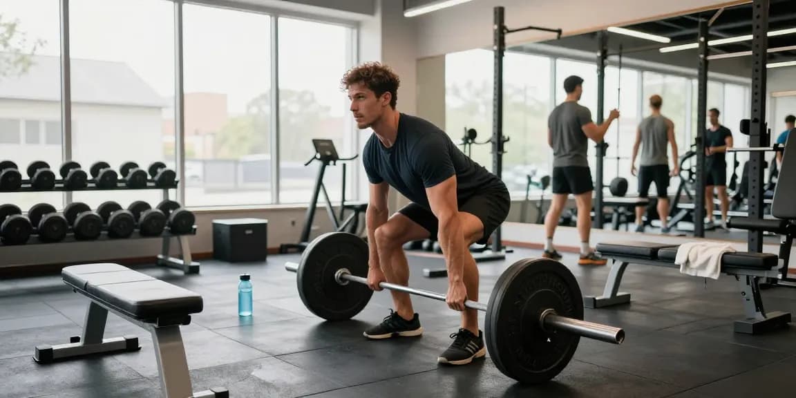 Steroidshop: Bodybuilder beim Training mit Gewichten im modernen Fitnessstudio.