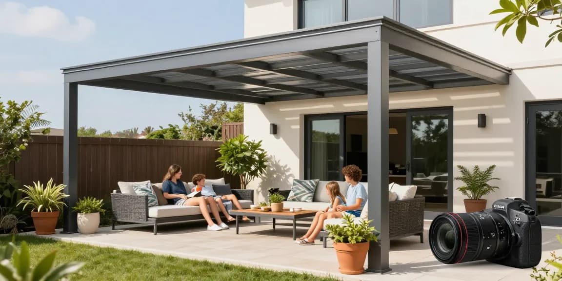 Moderne Terrassenüberdachung auf einer sonnigen Terrasse mit Familie und Pflanzen.