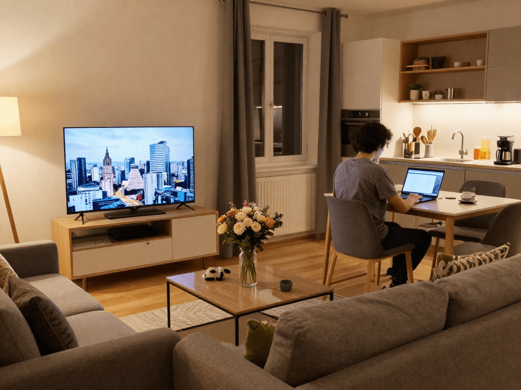 Komfortables Monteurzimmer in Hannover mit modernem Wohnzimmer und Arbeitsbereich.