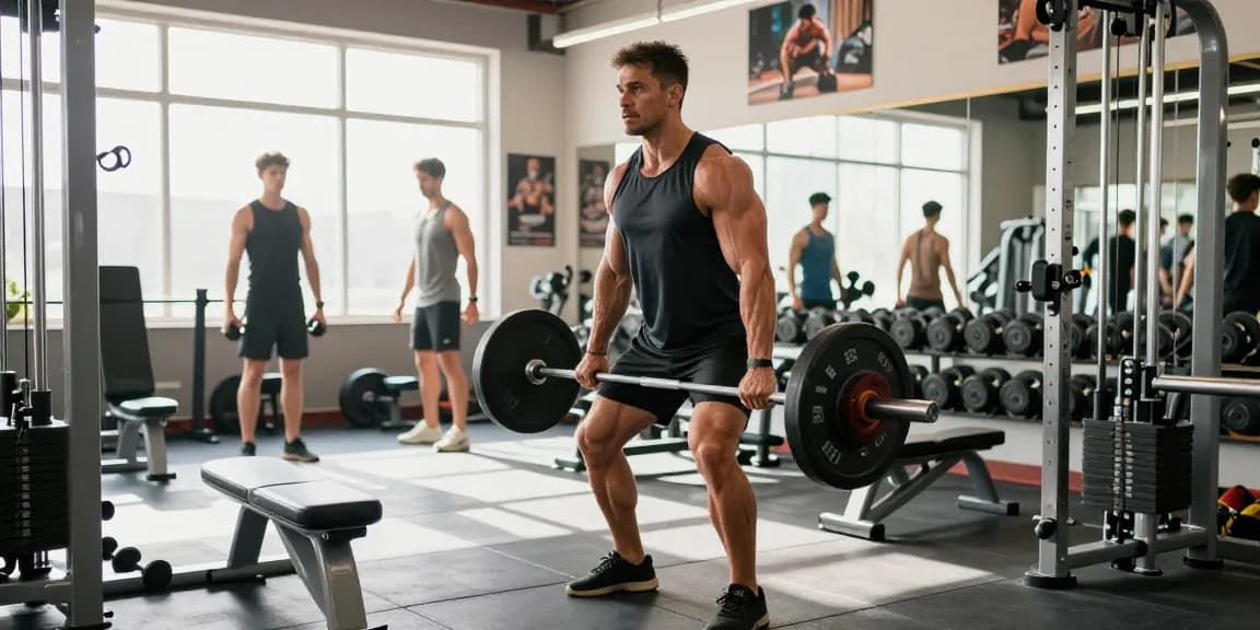 Deus Medical: Bodybuilder im Fitnessstudio beim Training mit Gewichten, optimales Umfeld für Muskelaufbau.