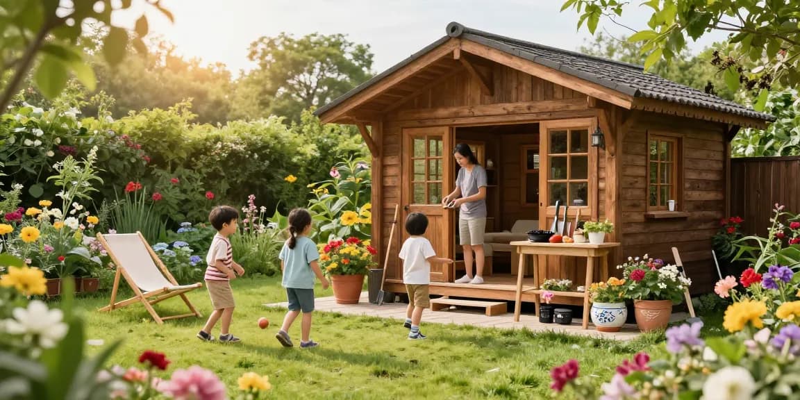Garten Haus in einem einladenden Garten mit lebhaften Blumen und einer Familie, die die Natur genießt.