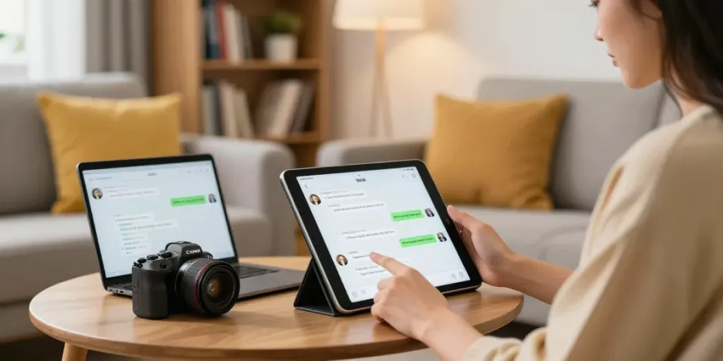 Engaging spicy chat scene with an adult using a tablet for interactive AI conversations in a cozy setting.