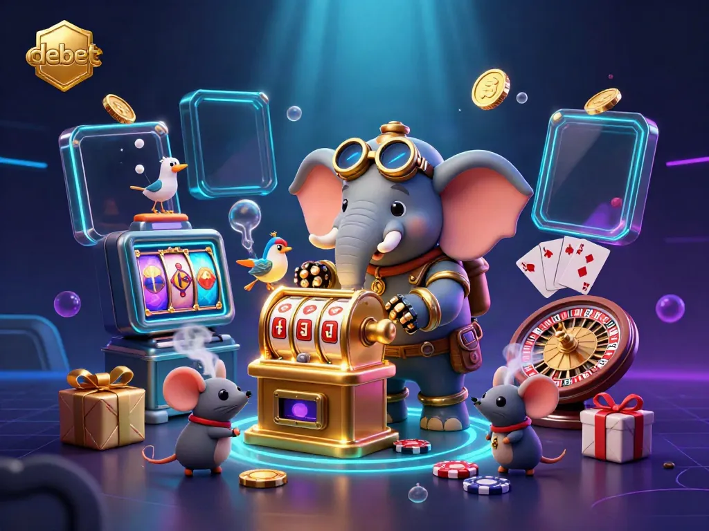 Engage with debet's vibrant 3D casino scene featuring a steampunk elephant and exciting games.