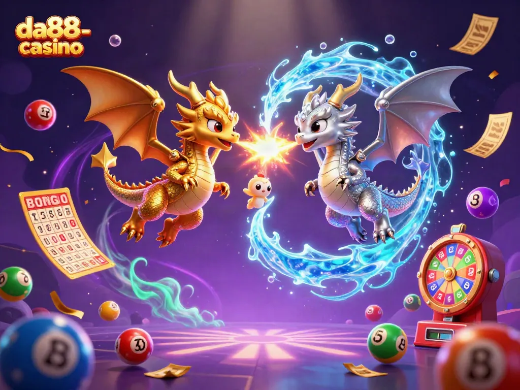 Experience the thrill of da88-casino with vivid animated dragons and dynamic gambling elements.