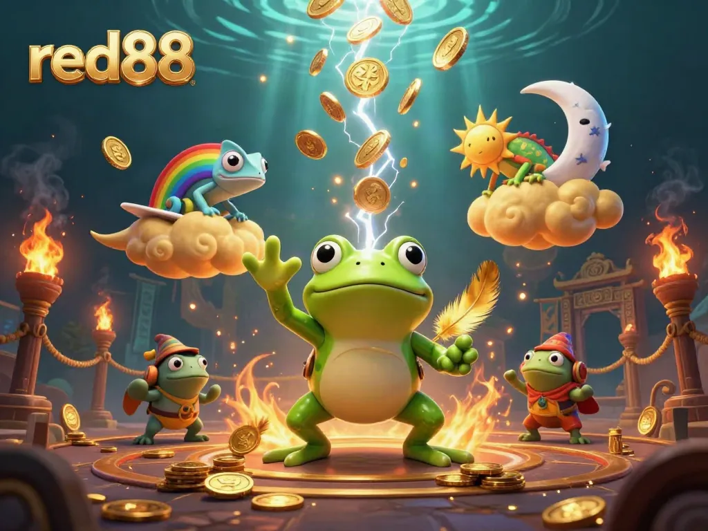 Experience the excitement of red88 in a vibrant casino-themed scene with golden coins and fantasy characters.