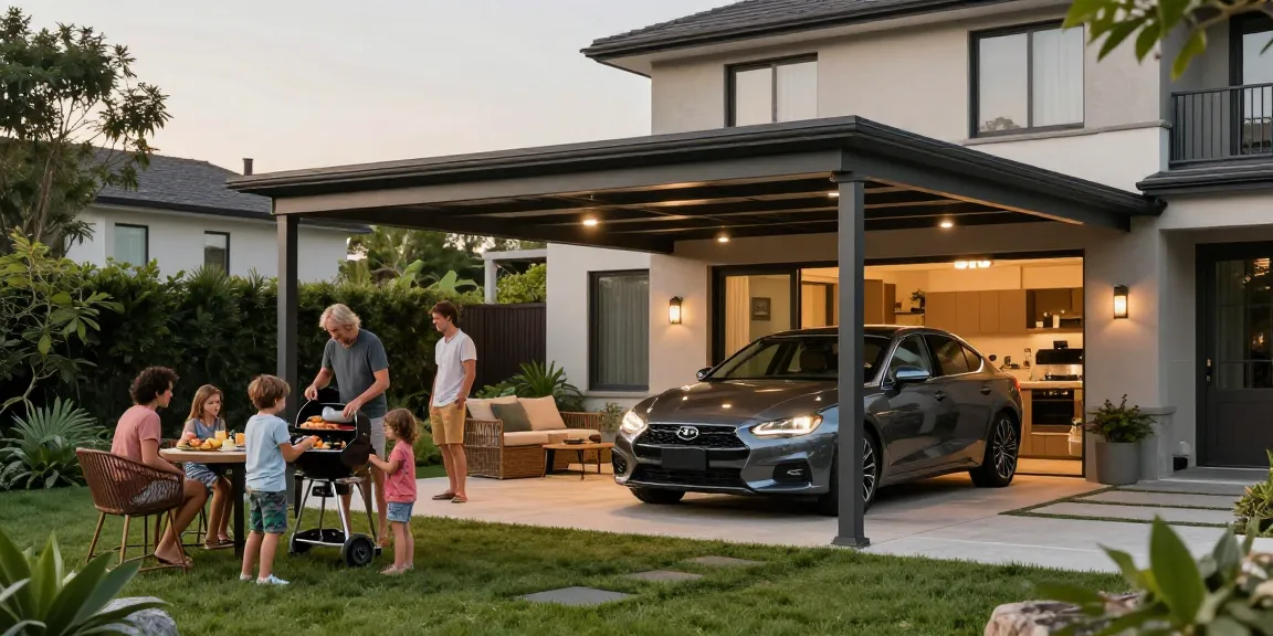 Carport im Garten mit Familie bei Grillfest und grünem Umfeld