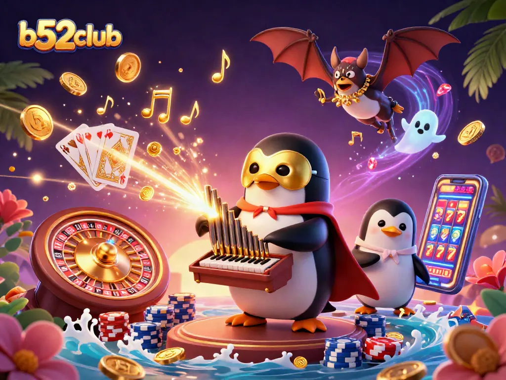 Experience winning moments at b52club with vibrant casino-themed 3D illustration featuring flying coins and games.