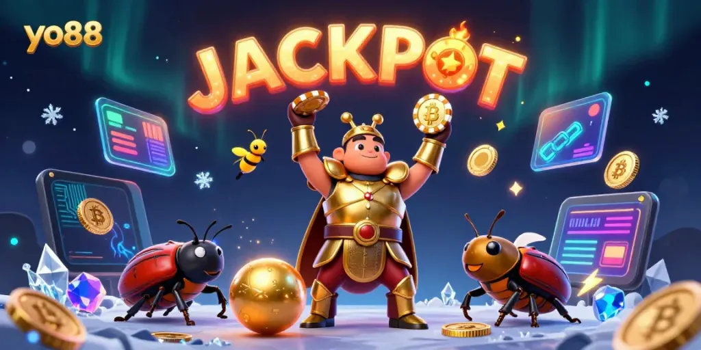 Experience the thrill of yo88 with a victorious beetle hero in a vibrant jackpot scene.