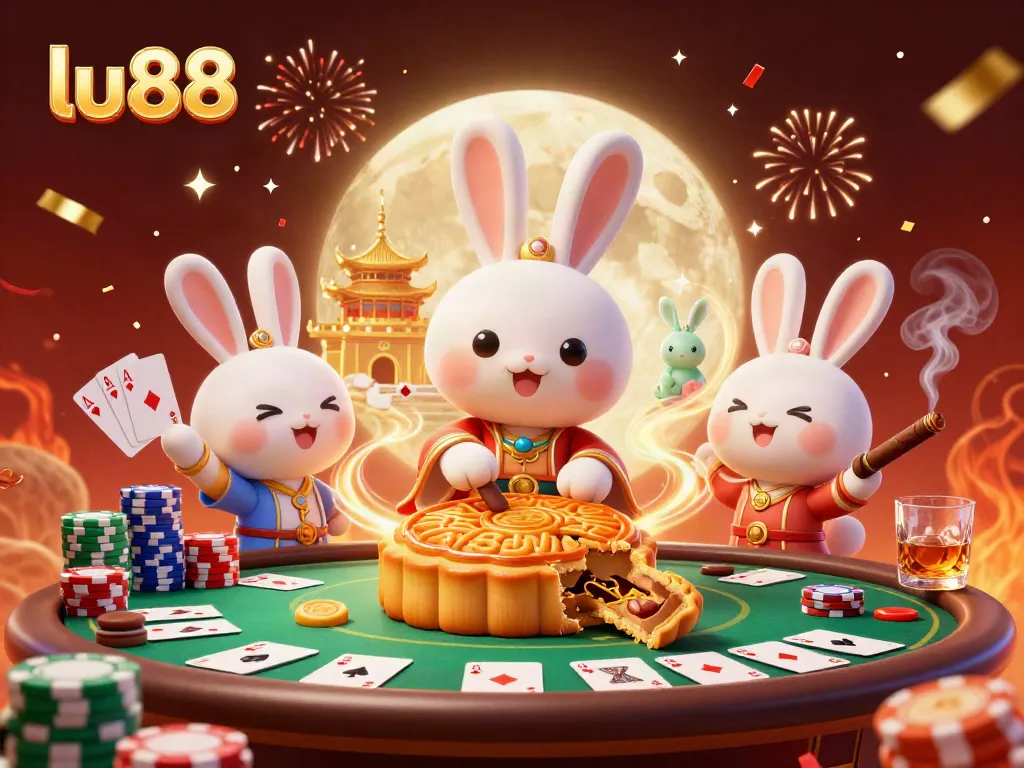 Experience fortunes at lu88 with playful moon rabbits revealing poker treasures on the lunar surface.