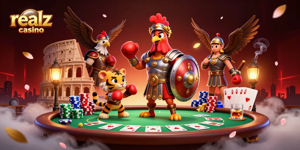 Engage with realz casino through this vibrant 3D illustration of a gladiator rooster in a casino arena.