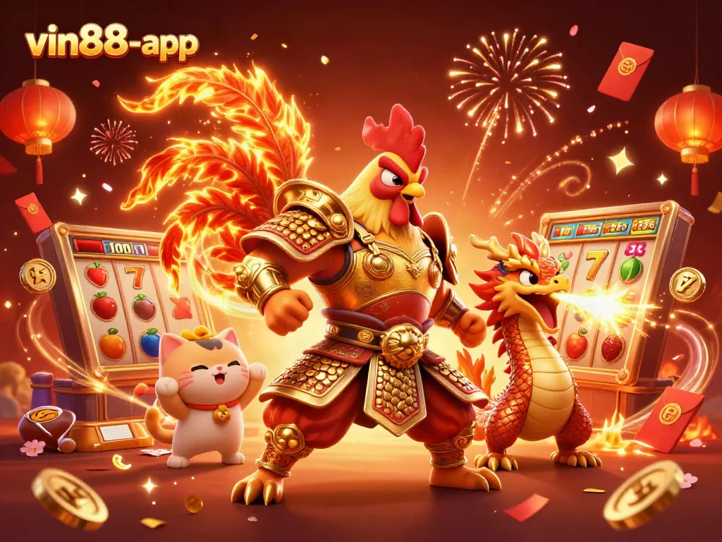 Engage in thrilling gaming action with vin88-app's ornate warrior and dragon in a lively casino scene.