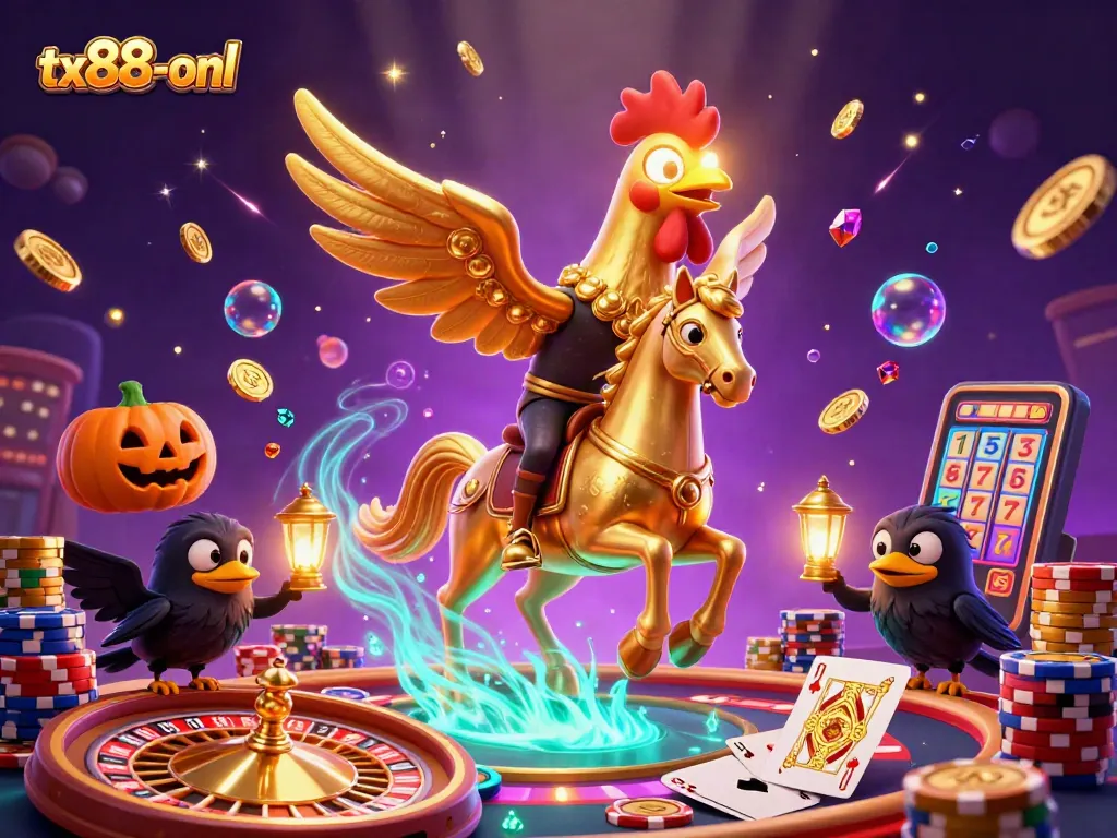 Experience the thrill of tx88-onl as golden rooster and spectral horse illuminate a vibrant casino scene.