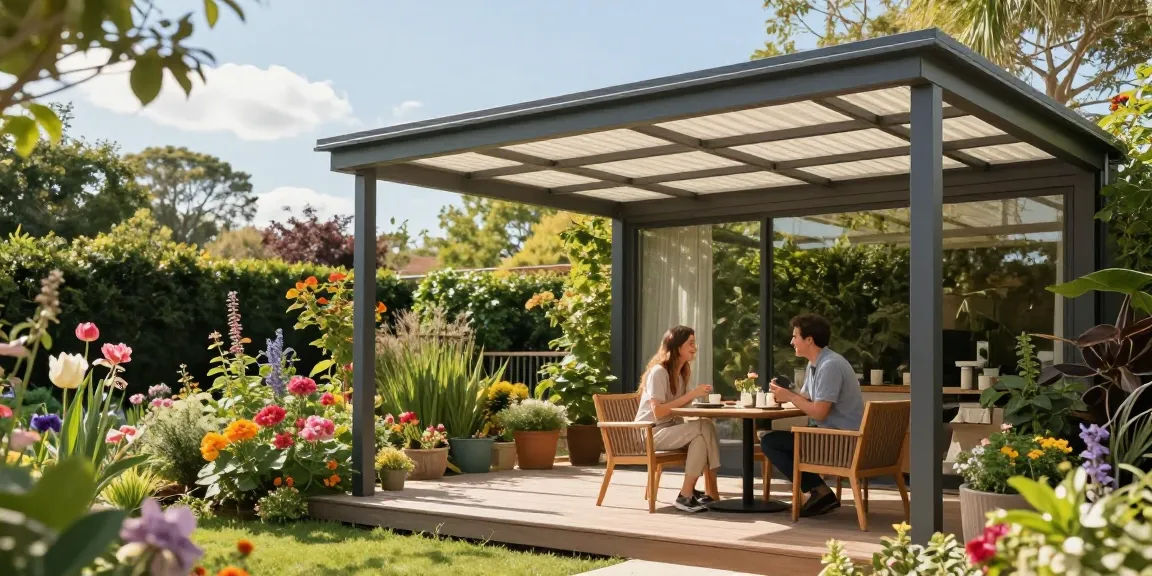 Freistehende Terrassenüberdachung im Gartenszenario mit blühenden Pflanzen und sonniger Atmosphäre.