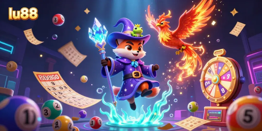 Winning at LU88 casino with vibrant game elements, magical characters, and dynamic action.