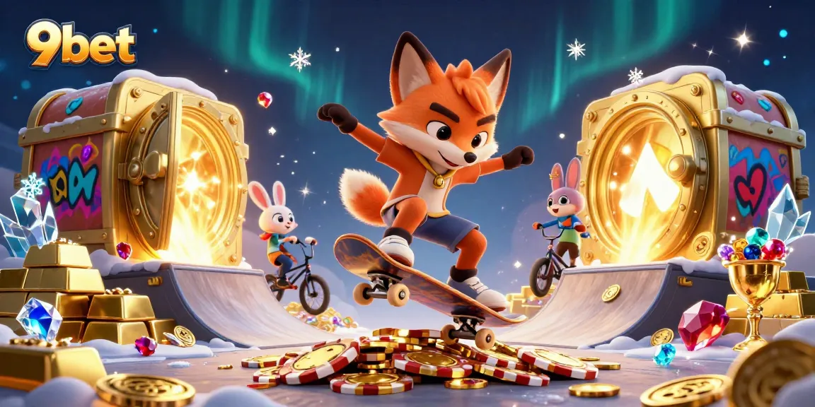 Experience 9bet gaming excitement illustrated with a skateboarder fox and BMX rabbit in action.