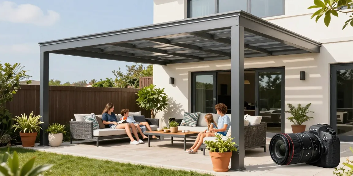 Moderne Terrassenüberdachung auf einer sonnigen Terrasse mit Familie und Pflanzen.
