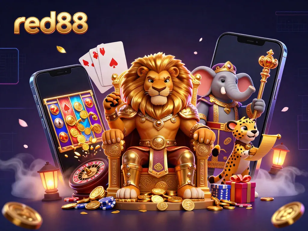 Engaging scene of red88 lion king in royal armor with high-stakes casino elements and vibrant visual details.