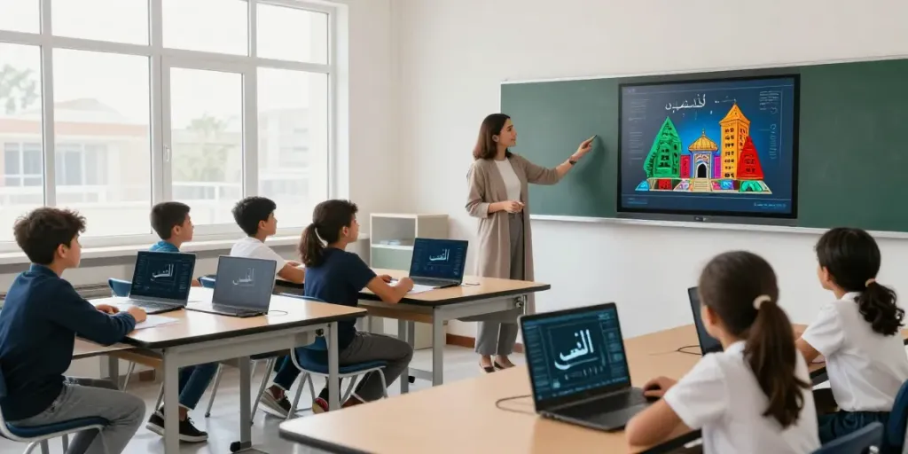 Arabisch lernen in Marokko: Freude am Lernen in modernen Klassenräumen, umgeben von arabischer Kultur.