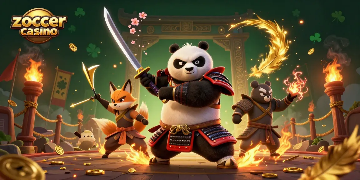 Zoccer casino showcases an epic scene with a samurai panda and ninja fox, embodying the thrill of online gambling.