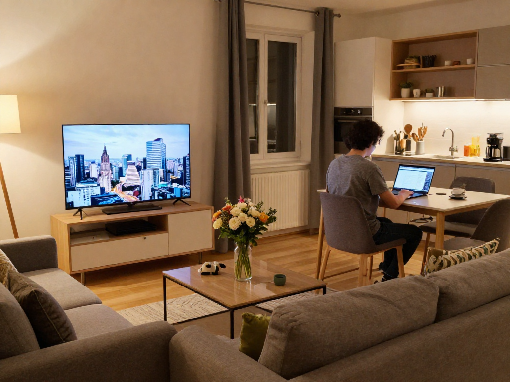 Komfortables Monteurzimmer in Hannover mit modernem Wohnzimmer und Arbeitsbereich.
