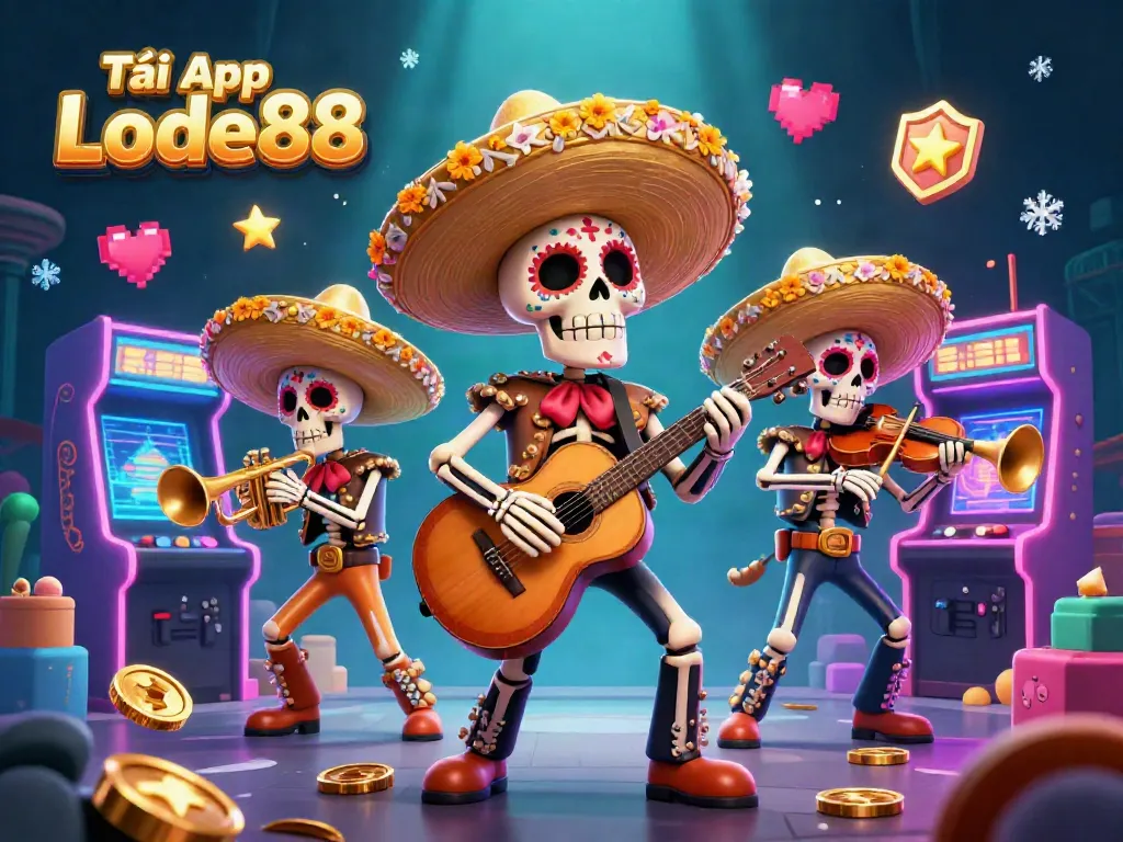 Engage in thrilling gameplay with Tải App Lode88, showcasing a lively 3D mariachi band amid vibrant arcade gaming elements.