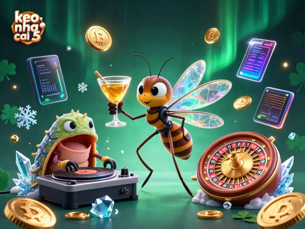 Engage in dynamic gaming with keo nha cai 5, featuring vibrant casino mascots and glowing cryptocurrency elements.