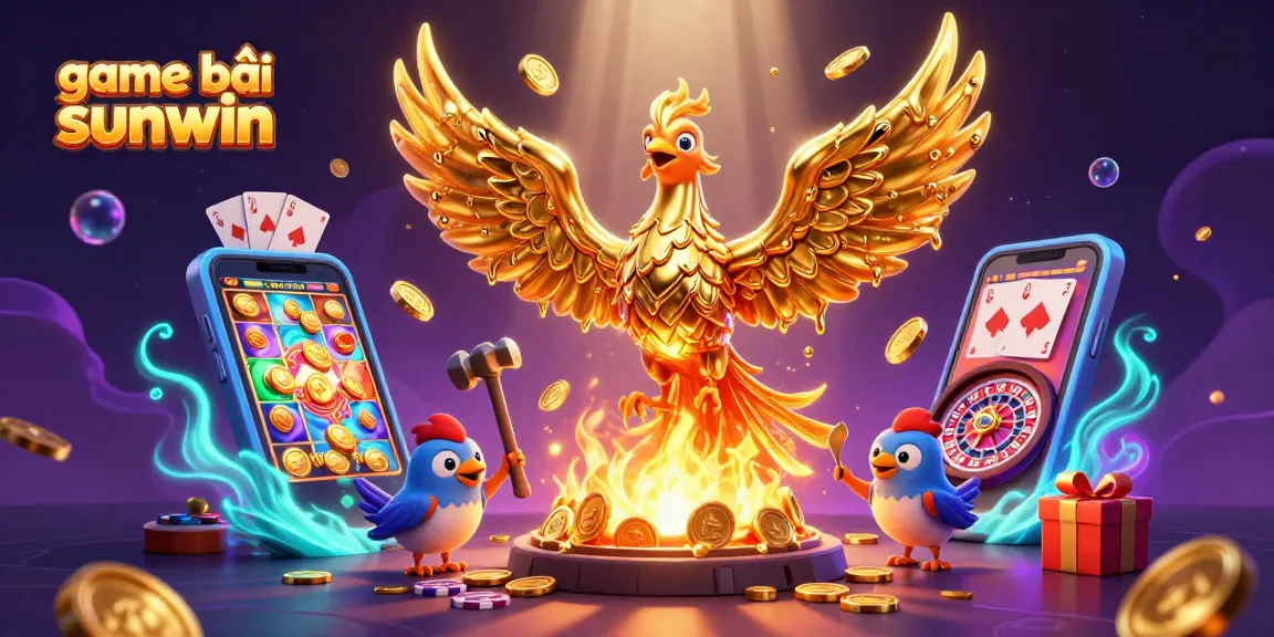 Win big with game bài sunwin in a dynamic casino-themed 3D scene filled with golden coins and slot games.
