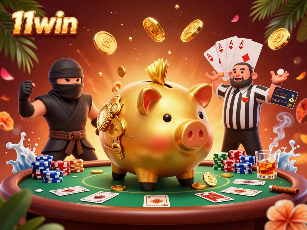 Experience the thrill of 11win with a golden piggy bank wrestler celebrating a poker showdown.