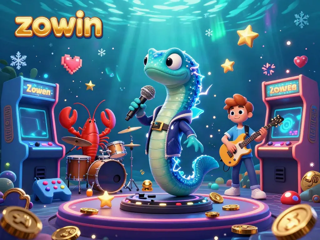 Zowin casino scene featuring a DJ electric eel and a rock band in an underwater setting, surrounded by vibrant game elements.