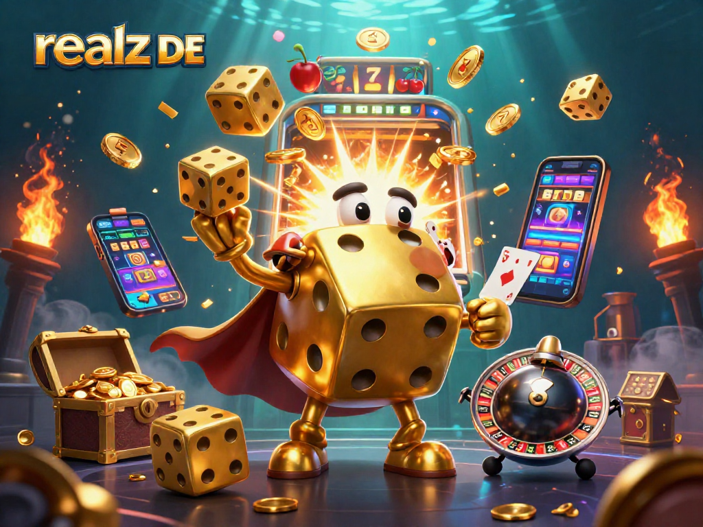 Spiele mit realz DE an einem Spielautomaten, während der goldene Würfel-Golem voller Energie springt.