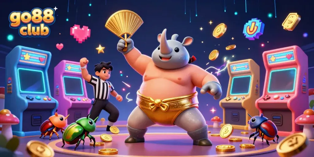 Experience the excitement of go88 club with a powerful sumo champion beetle amidst a vibrant gaming scene filled with coins and arcade elements.