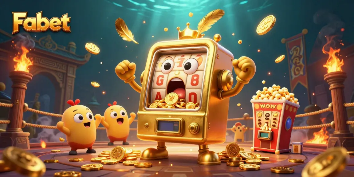 Fabet slot machine celebrating a jackpot, with coins flying and cheering mini slots.