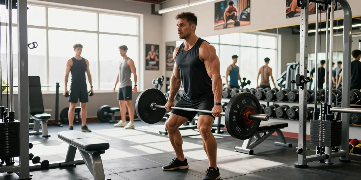 Deus Medical: Bodybuilder im Fitnessstudio beim Training mit Gewichten, optimales Umfeld für Muskelaufbau.