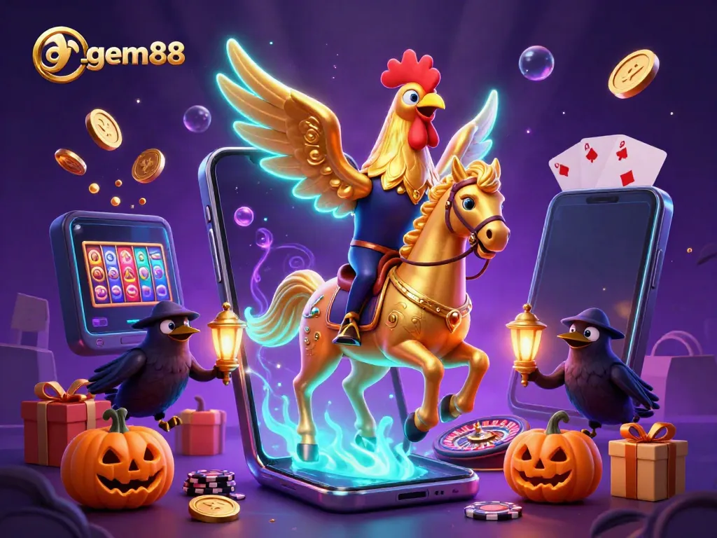 Experience thrilling slot action with gem88’s vivid 3D cartoon illustration showcasing a golden rooster and magical casino elements.