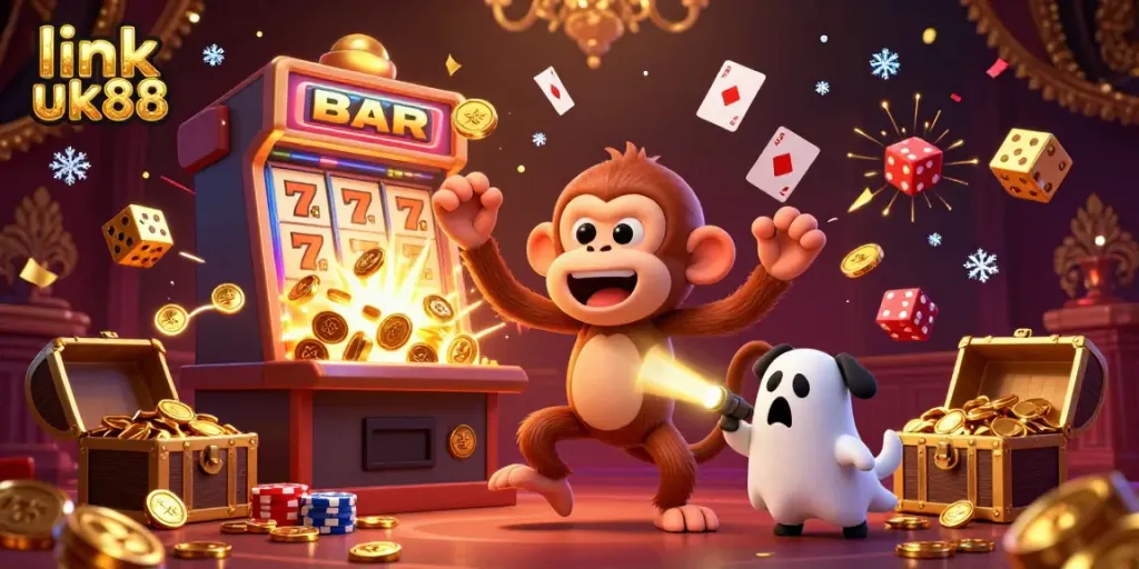 Experience the thrill of gaming at link uk88 with a monkey juggling in a vibrant casino.