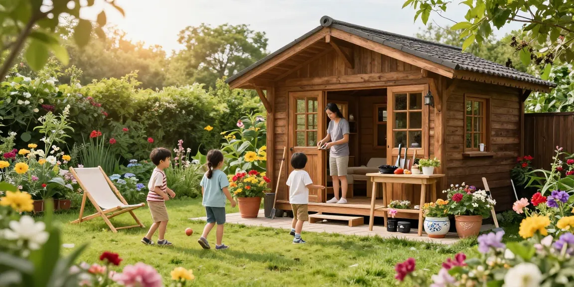Garten Haus in einem einladenden Garten mit lebhaften Blumen und einer Familie, die die Natur genießt.