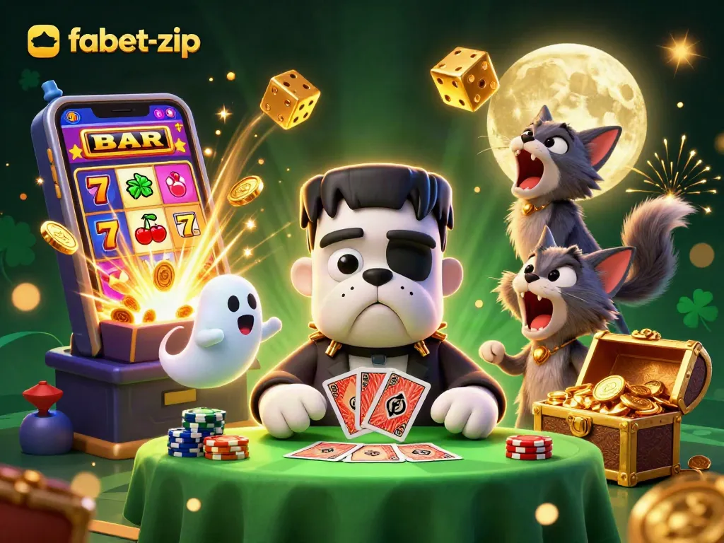 Experience the thrill of fabet-zip with a cartoon monster dealing cards surrounded by dazzling casino elements.