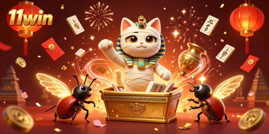 Experience thrilling adventures at 11win with a vibrant casino scene featuring a mummy cat and a scarab companion.